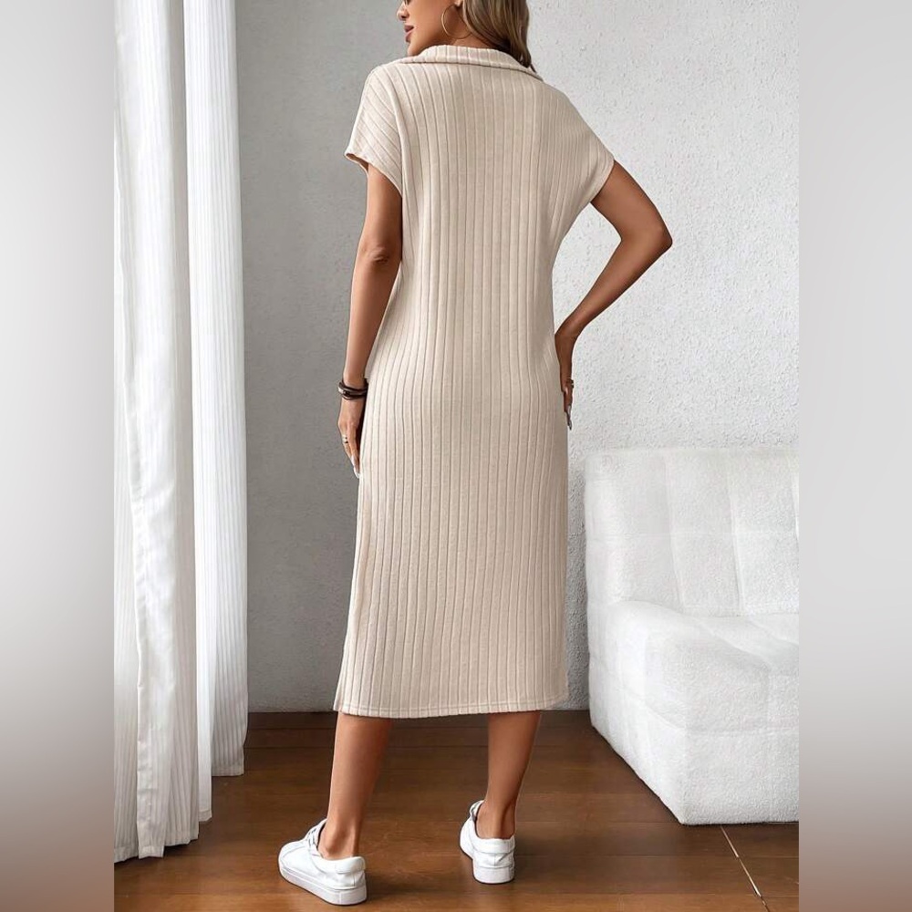 Beige Cream Ribbed Midi Dress - Picture 5 of 15